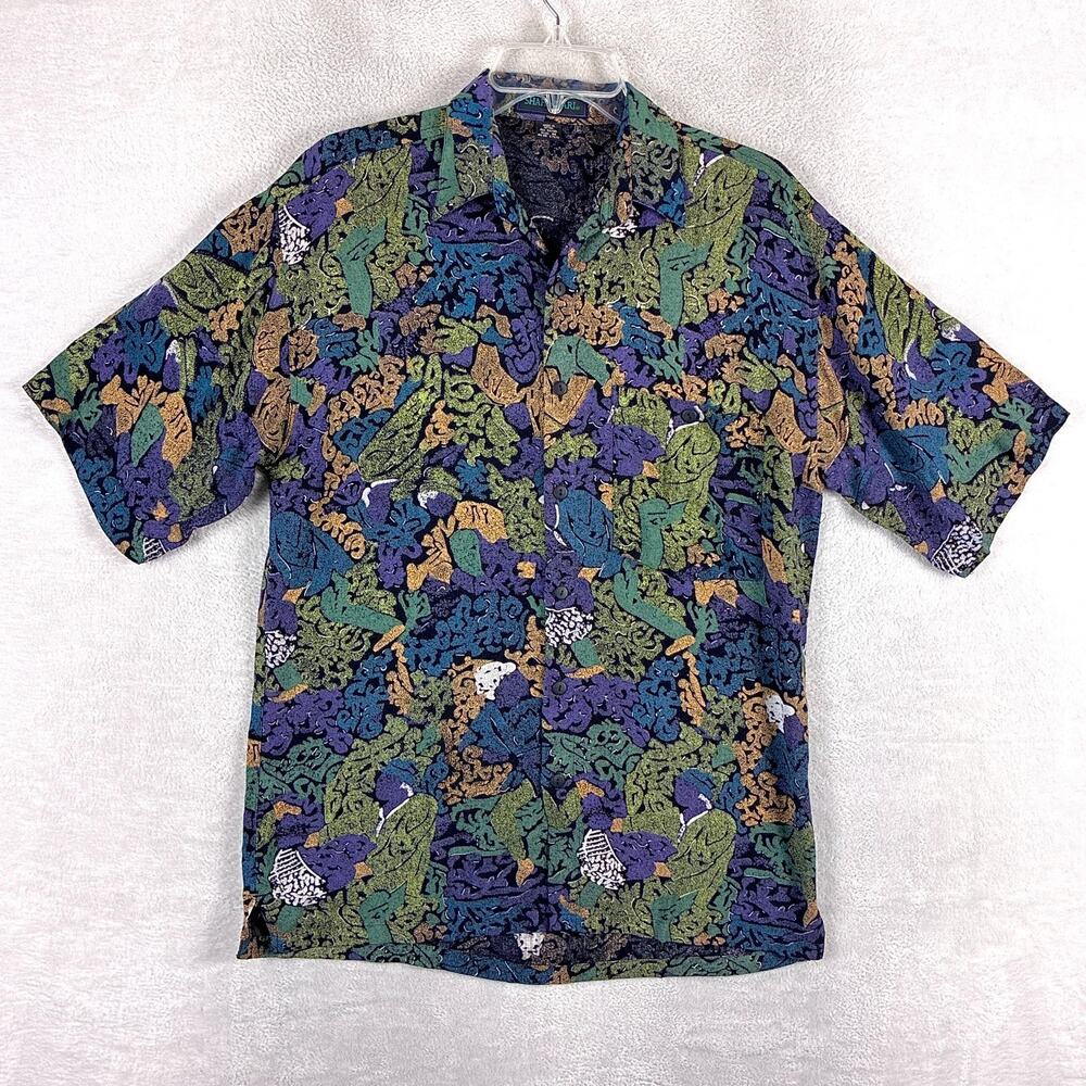 VTG Shah Safari Shirt Mens M Multicolor Abstract AOP Rayon Summer Goouch 90s